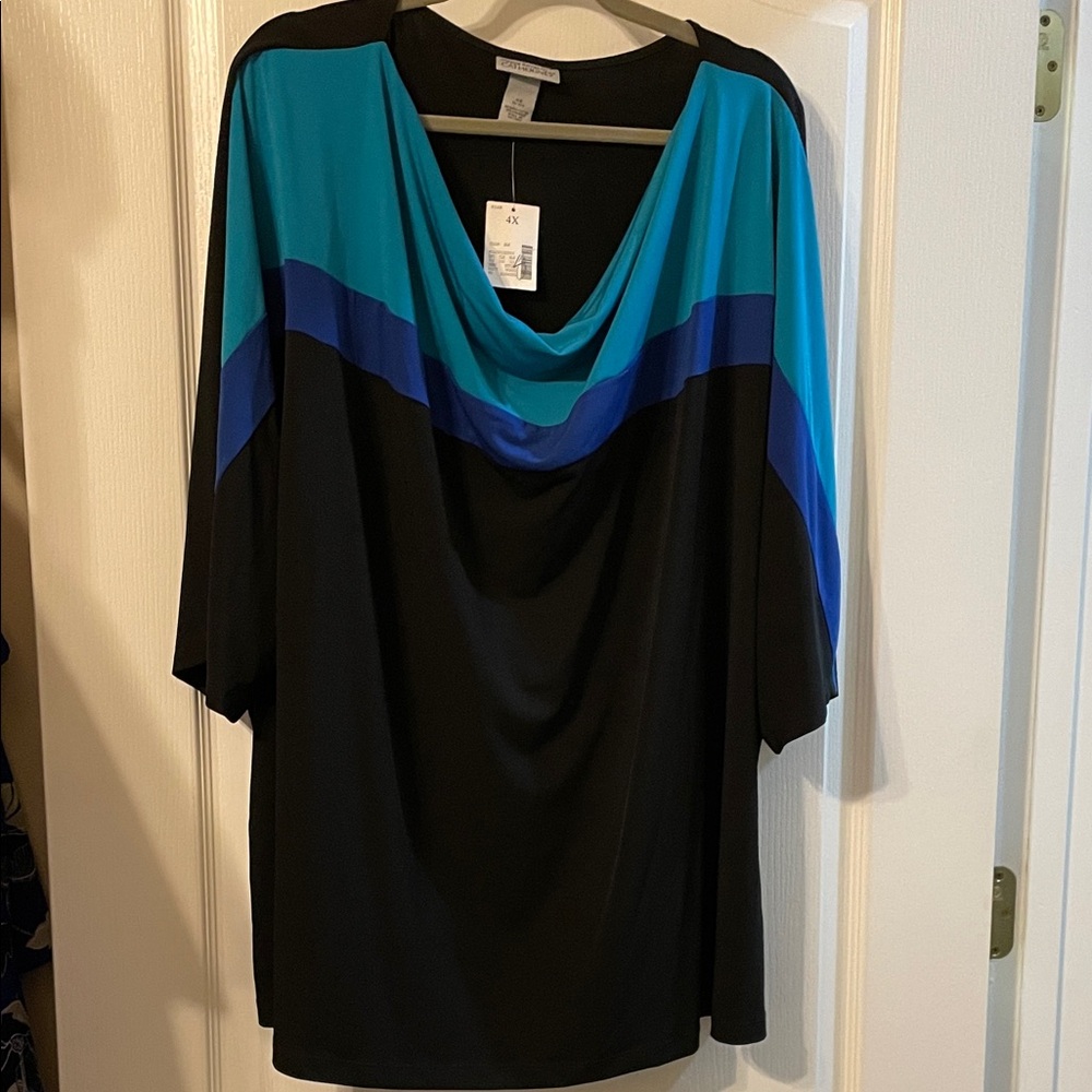 Catherines Black and Teal Drape Neck Blouse